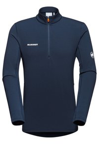 Navyblauer Langarmpullover mit einem halben Reißverschluss am Kragen, aus weichem Stoff. Verfügt über ein weißes Logo auf der Brust und ein kreisförmiges Logo am Ärmel.