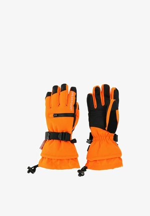 Orange handskar med svarta accenter, med en texturerad yta, justerbara handledsremmar och en samlad manschettdesign för värme och passform.