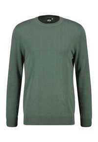 Grüner Strickpullover mit Rundhalsausschnitt, langen Ärmeln, gerippten Bündchen und Saum, aus weichem Material, mit glatter Textur.