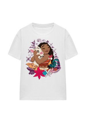 White cotton t-shirt featuring a graphic of a girl hugging a pig amidst colorful floral patterns and tropical motifs in shades of purple and pink.