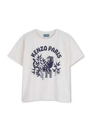 T-shirt blanc à manches courtes avec le texte "KENZO PARIS" en bleu marine, un graphisme de tigre et des illustrations de plantes sur le devant.