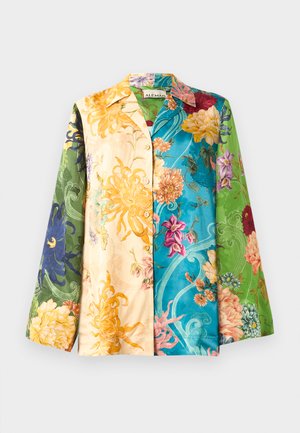 Multifarvet blomstret skjortejakke med lange ærmer, der har en blanding af gule, grønne, blå og lilla nuancer. Stoffet har en glat tekstur og glans.