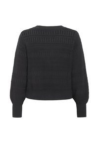 Černý pletený svetr s dlouhými rukávy, žebrovanými manžetami a celoplošným průsvitným vzorem, zobrazený zezadu.