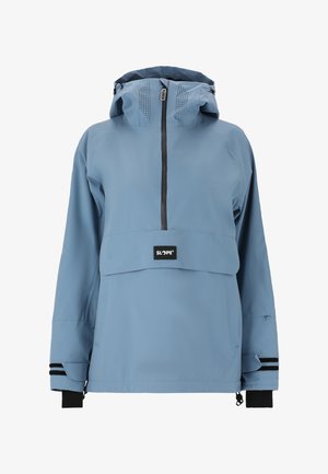 Blaue wasserdichte Jacke mit einem Halbreißverschluss auf der Vorderseite, einer Kapuze und schwarzen Akzenten. Sie verfügt über eine Brusttasche und elastische Bündchen für einen sicheren Sitz.