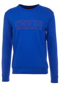 Felpa blu in cotone, con maniche lunghe e colletto a costine. Grande logo "HUGO" rosso sulla parte anteriore.