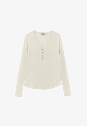 Cremefarbener Langarmpullover mit V-Ausschnitt und fünf Knöpfen vorne. Weicher Stoff mit lockerer Passform und abgerundetem Saum.