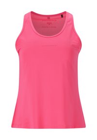 Helles pinkes Sporttanktop mit rundem Ausschnitt und breiten Trägern. Hergestellt aus glattem, leichtem Stoff mit atmungsaktiver Textur und Logodetails.
