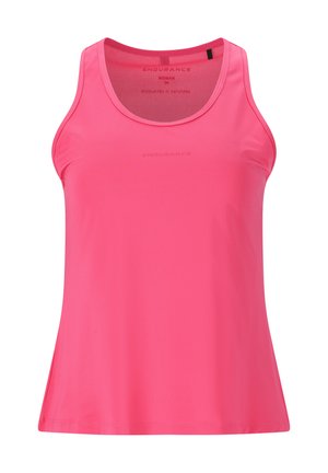 Débardeur de sport rose vif avec encolure arrondie et larges bretelles. Fabriqué en tissu lisse et léger avec une texture respirante et des détails de logo.