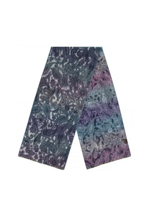 Sciarpa con motivo paisley che presenta una sfumatura di colori dal blu scuro al viola, realizzata in un tessuto morbido e testurizzato. I bordi sono rifiniti in modo preciso.