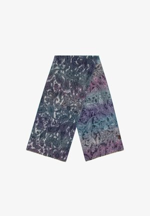 Foulard à motif paisley présentant un dégradé de couleurs allant du bleu foncé au violet, confectionné dans un tissu doux et texturé. Les bords sont soigneusement finis.