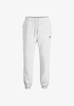 Hellgraue Jogginghosen aus Baumwollmischgewebe. Mit elastischem Bund und Kordelzug sowie gerippten Bündchen. Kleines Logo auf der linken Seite.