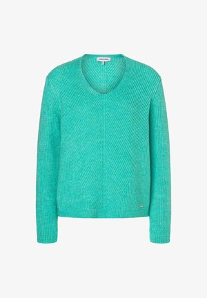 Türkiser Strickpullover mit V-Ausschnitt, langen Ärmeln, strukturiertem Stoff und diagonaler Rippenstruktur. Kleines Logo-Tag am Saum.