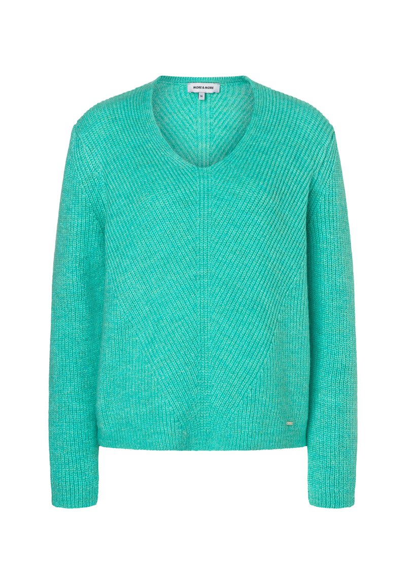 Türkiser Strickpullover mit V-Ausschnitt, langen Ärmeln, strukturiertem Stoff und diagonaler Rippenstruktur. Kleines Logo-Tag am Saum.