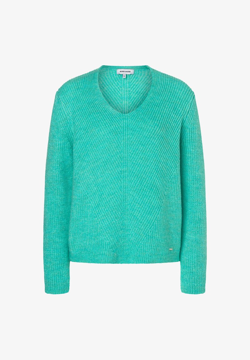 Türkiser Strickpullover mit V-Ausschnitt, langen Ärmeln, strukturiertem Stoff und diagonaler Rippenstruktur. Kleines Logo-Tag am Saum.