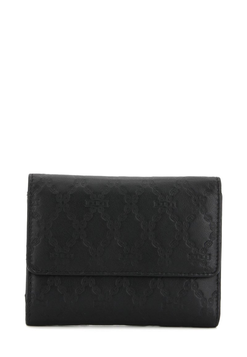 Portafoglio nero in pelle con motivo strutturato di disegni intrecciati, dotato di chiusura a patta e bordi cuciti. Compatto e rettangolare.