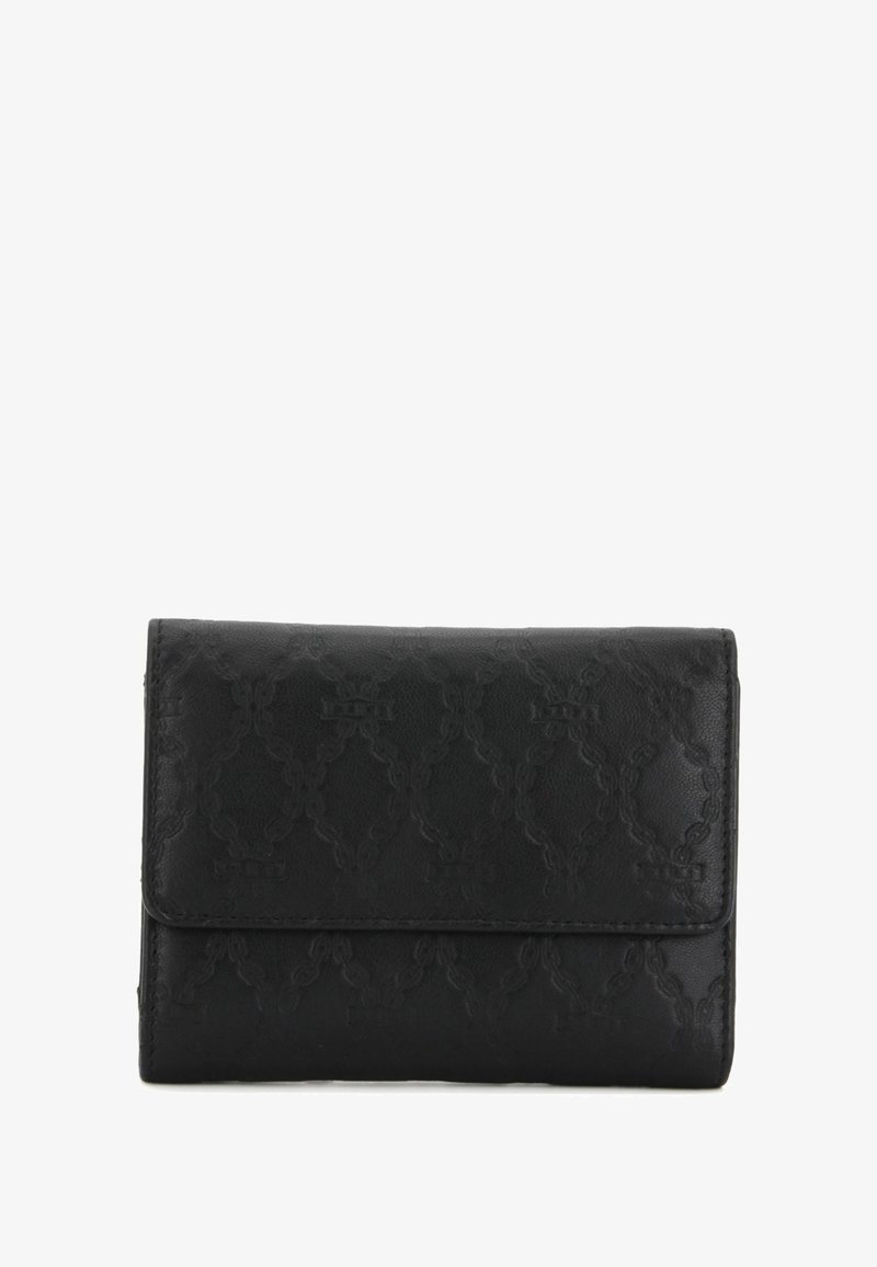 Portafoglio nero in pelle con motivo strutturato di disegni intrecciati, dotato di chiusura a patta e bordi cuciti. Compatto e rettangolare.