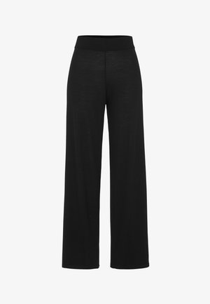 Schwarze weite Hose aus einem weichen Stoff, mit einem breiten, elastischen Bund und einer glatten Oberfläche ohne sichtbare Nähte oder Verzierungen.
