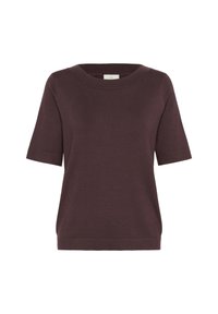 Vinrød strikket top med korte ærmer, rund halsudskæring og afslappet pasform. Stoffet har en glat tekstur og en subtil glans.