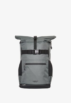 Gray roll-top backpack with black accents, featuring a front zipper pocket, adjustable straps, and textured fabric. Ideal for daily use.