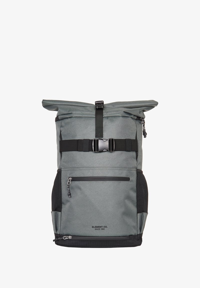 Gray roll-top backpack with black accents, featuring a front zipper pocket, adjustable straps, and textured fabric. Ideal for daily use.