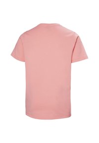 Camiseta de manga corta en suave algodón de color rosa claro. Presenta un cuello redondo y una textura suave sin patrones ni embellishments.