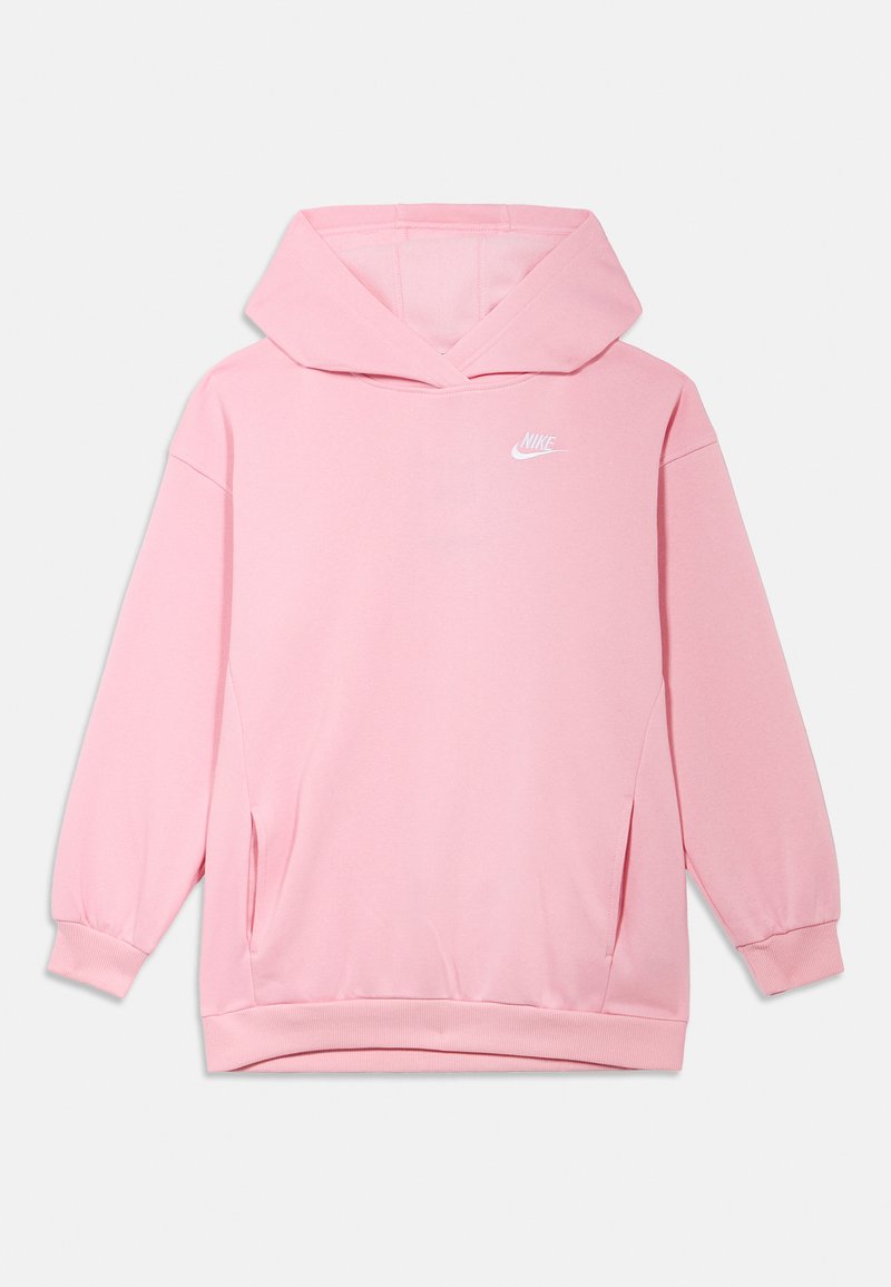 Rosa Nike hoodie med känguruficka, justerbar dragsko i huvan, ribbade muddar och en liten vit logotyp på bröstet.