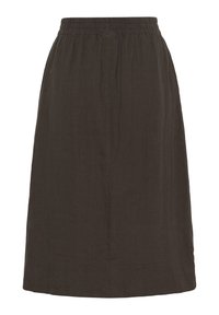 Jupon en lin marron avec une taille élastique, longueur genou, présentant une texture lisse et un design simple, avec une coupe droite et sans embellissements.