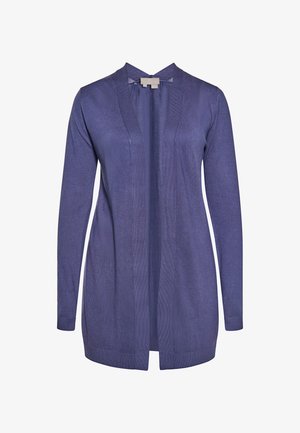Long, open-front cardigan in deep purple, made of a soft knit material. Features long sleeves and ribbed cuffs and hem.
