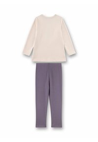 Maglietta bianca a maniche lunghe con colletto arrotondato, abbinata a leggings viola. Entrambi realizzati in tessuto morbido e elasticizzato. Design semplice senza motivi.
