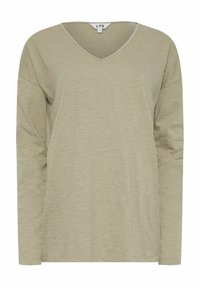 Langsleeve, V-hals T-shirt gemaakt van lichte, zachte stof in een gedempte olijfgroene kleur met een licht gemêleerde textuur.