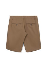 Lässig geschnittene, knielange braune Shorts aus glattem Stoff. Mit zwei Gesäßtaschen mit Knöpfen und Gürtelschlaufen. Sauberes, minimalistisches Design.