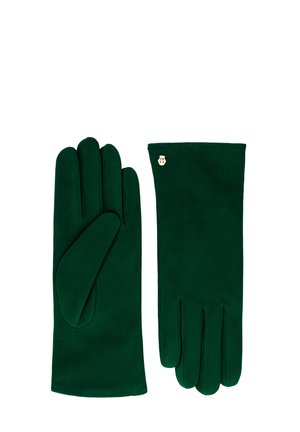 Pair of dark green suede gloves, one showing palm side, the other back with small gold emblem near wrist.