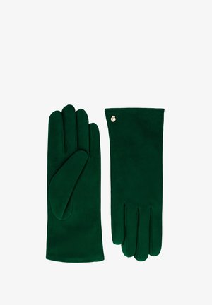 Pair of dark green suede gloves, one showing palm side, the other back with small gold emblem near wrist.