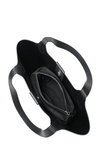 Black leather tote bag with smooth exterior, textured handles, and a zippered inner compartment. Interior lined in black fabric.
