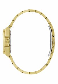 Gul metal armbandsur med rektangulär boett, länkarmband och polerade silverdetaljer på sidan. Har en minimalistisk design.