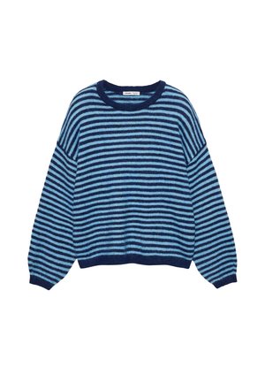 Blue striped sweater featuring a round neck, relaxed fit, and long sleeves. Made of soft material with alternating dark and light blue stripes.