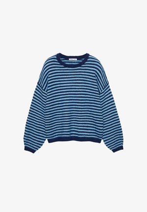 Blue striped sweater featuring a round neck, relaxed fit, and long sleeves. Made of soft material with alternating dark and light blue stripes.