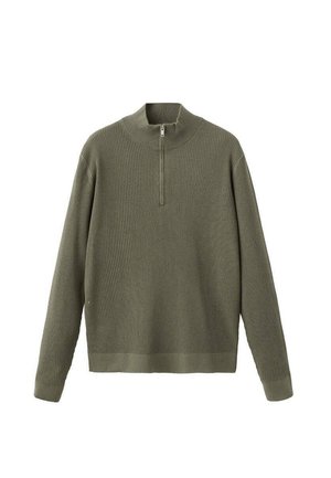 Olivgrüner Pullover mit Reißverschluss am Kragen, geripptes Material, lange Ärmel, lockere Passform, feines Strickmaterial, mit kurzem Reißverschluss am Kragen.