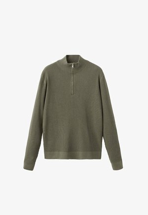 Olivengroene trui met ritssluiting bij de hals, geribbelde structuur, lange mouwen, losse pasvorm, fijngebreid materiaal, met een korte rits bij de kraag.