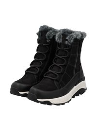 Schwarze Knöchelstiefel mit Kunstfellkragen, Schnürung vorne, gepolsterter Zunge und kontrastierender weißer Sohle mit rutschfester Oberfläche. Strapazierfähiges Material.