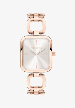Rechteckige roségoldene Uhr mit einem metallischen silbernen Zifferblatt, das minimale Stundenmarkierungen und ein massives Gliederarmband-Design aufweist.