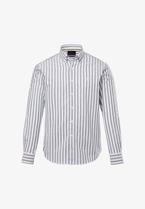 Camisa de hombre de manga larga a rayas blancas y grises, con cuello abotonado, tapeta frontal con botones y un pequeño logotipo en el pecho.