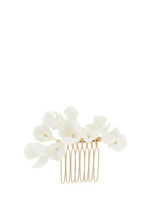 Goldener Haarkamm, geschmückt mit weißen Blumenakzenten. Verfügt über eine glatte Oberfläche und sechs abgerundete Zinken für sicheren Halt und Styling.