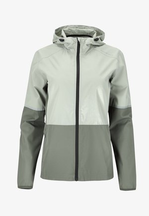 Letvægts hættejakke i lys grøn og mørkegrå, med fuld lynlås, reflekterende detaljer og vandafvisende finish.