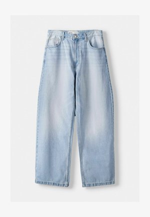 Lysblå denimjeans, vid talje, høj talje, fem lommer, lynlåsgylpter og en let fadet overflade for et slidt udseende.