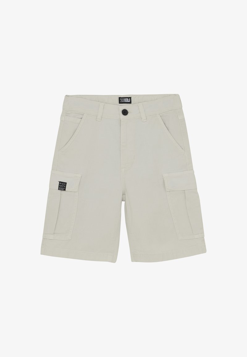 Beżowe szorty cargo wykonane z bawełny, zapinane na guzik, z dwoma przednimi kieszeniami oraz dwoma kieszeniami cargo po bokach z naszywką logo.