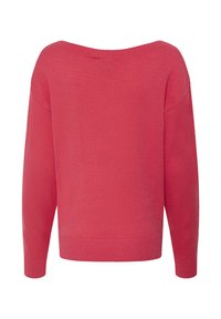 Pull en maille corail avec un décolleté dégagé, des épaules tombantes, des manches longues et des poignets et ourlet côtelés. Texture lisse.