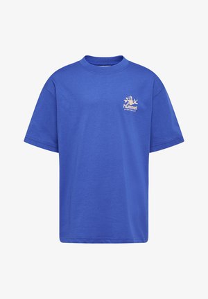 Blaues Baumwoll-T-Shirt mit rundem Halsausschnitt und kurzen Ärmeln. Verfügt über ein kleines, helles Logo auf der linken Brustseite.