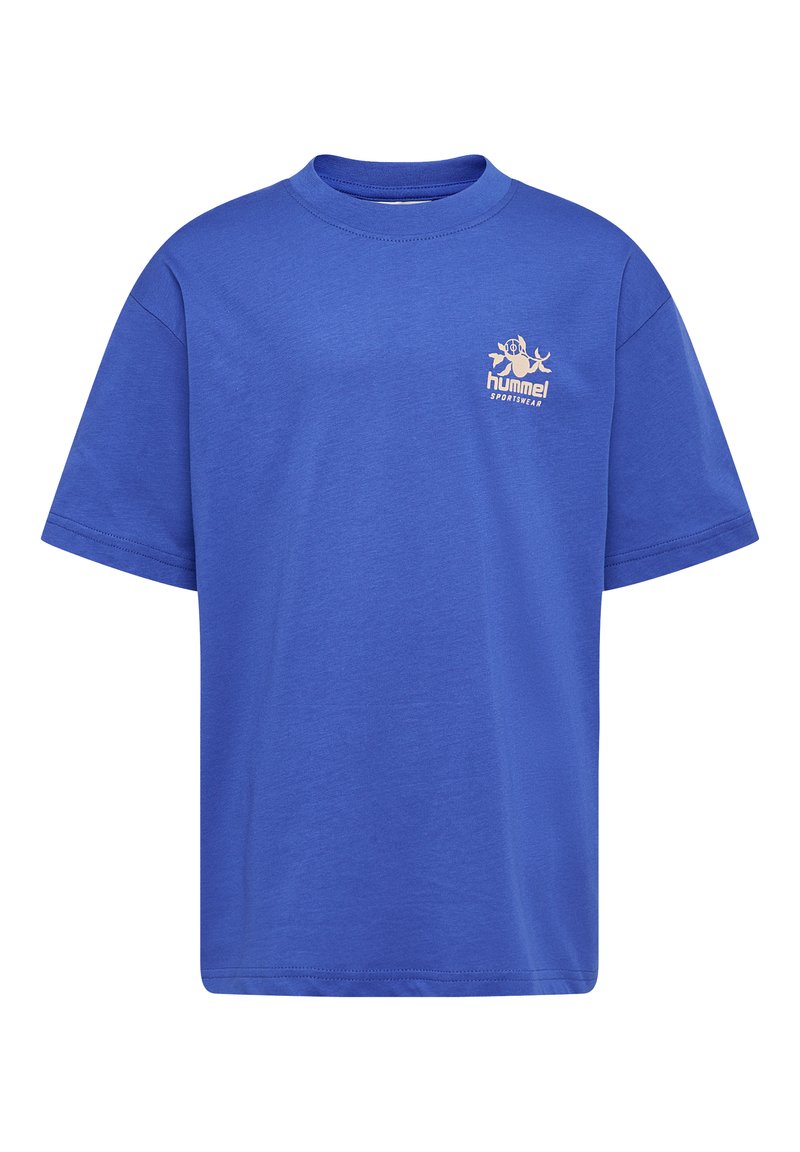 Blauwe katoenen t-shirt met een ronde halslijn en korte mouwen. Bevat een klein licht logo aan de linkerkant van de borst.