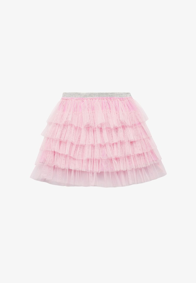 Jupe en tulle rose avec plusieurs volants superposés, dotée d'une ceinture élastique argentée. La texture est douce et transparente, offrant un design léger.